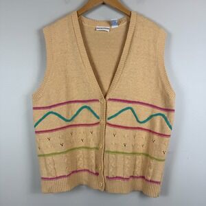 Vtg Sweater Vest Women XL Yellow Stripe Button Front Grandma Cottagecore 90s